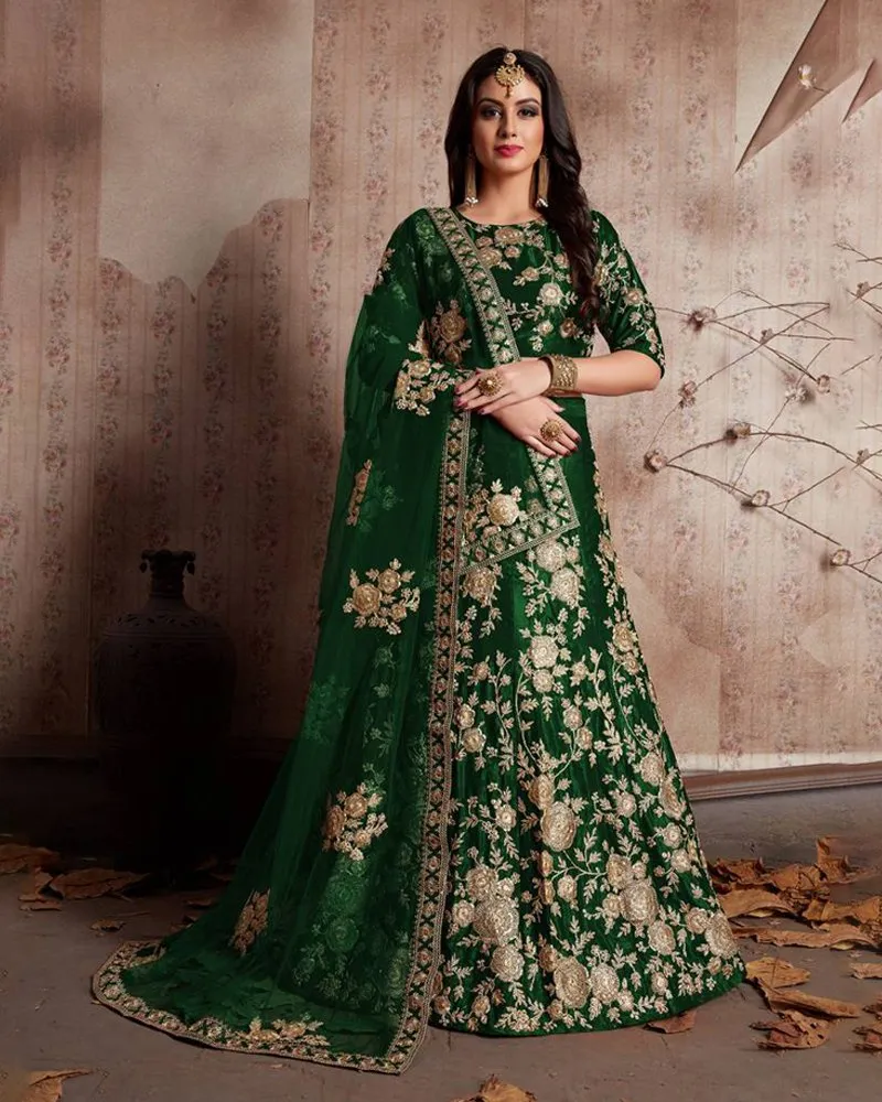 Royal Velvet Green Lehenga Choli Set with Exquisite Jari Embroidery