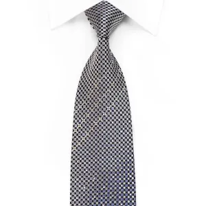 Roygen Men's Silk Necktie Silver Blue Checkered With Sparkles