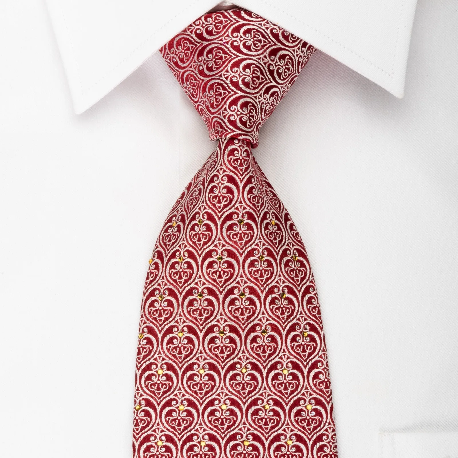 Roygen Silk Rhinestone Necktie Baroque On Red With Sparkles