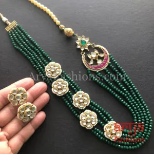 Roza Emerald Green Long Beads Necklace/ Jaipuri Green Ruby Kundan Necklace