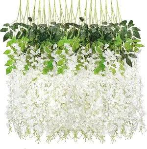 Rozi Decoration White Wisteria Artificial Flowers Pack of 24 Pieces Artificial Flowers for Decoration Hanging Vine, Artificial Silk Wisteria Vine Hanging Flowers