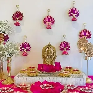 RR Crafts Velvet Handmade Wall Decor Lotus (06 Pcs- Pink) with Jhumki Style Hanging for Home Decor,Diwali Decor,Wedding and All Festival Decor | Lotus Hangings for Ganpati Decoration