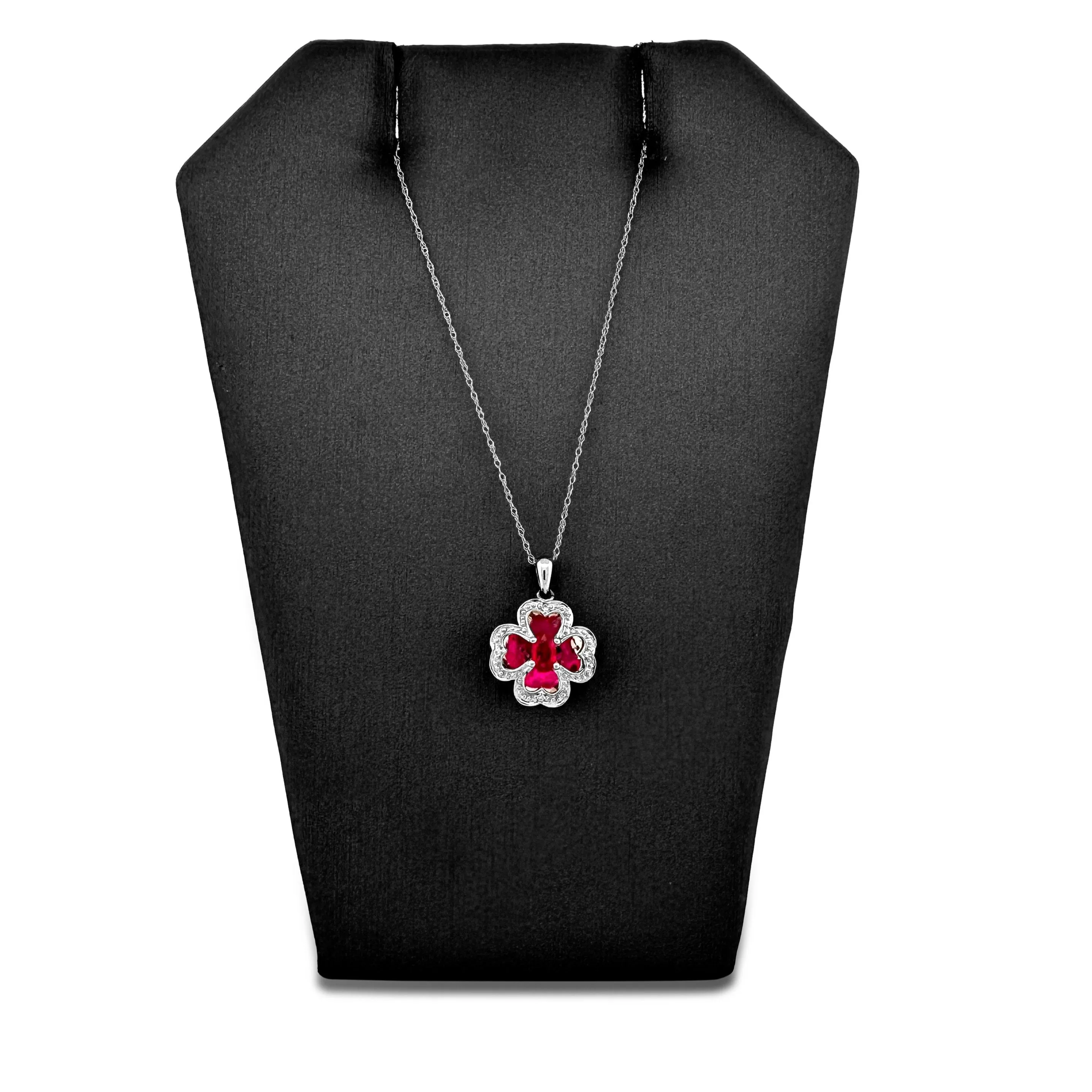 Ruby and Diamond Clover Illusion Pendant Necklace in 14k White Gold