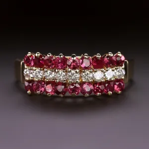 RUBY DIAMOND COCKTAIL BAND 3 ROW RING 14k YELLOW GOLD NATURAL STACKING ESTATE