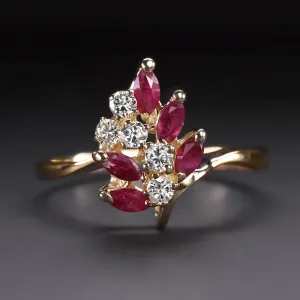 RUBY DIAMOND COCKTAIL RING 14k YELLOW GOLD CLUSTER STATEMENT NATURAL RED