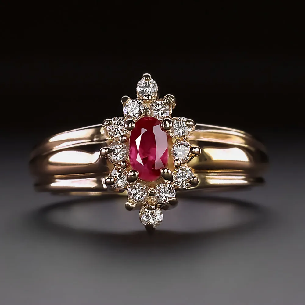 RUBY DIAMOND COCKTAIL RING OVAL SHAPE HALO WIDE BAND 14k YELLOW GOLD NATURAL