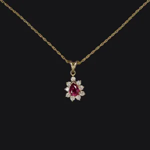 RUBY DIAMOND PENDANT NECKLACE 14k YELLOW GOLD PEAR SHAPE HALO NATURAL TEARDROP