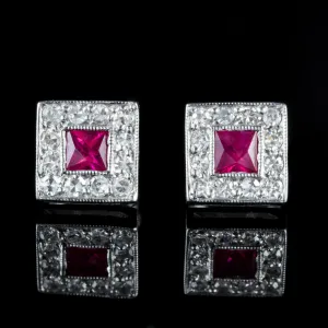 Ruby Diamond Square Stud Earrings 18Ct White Gold