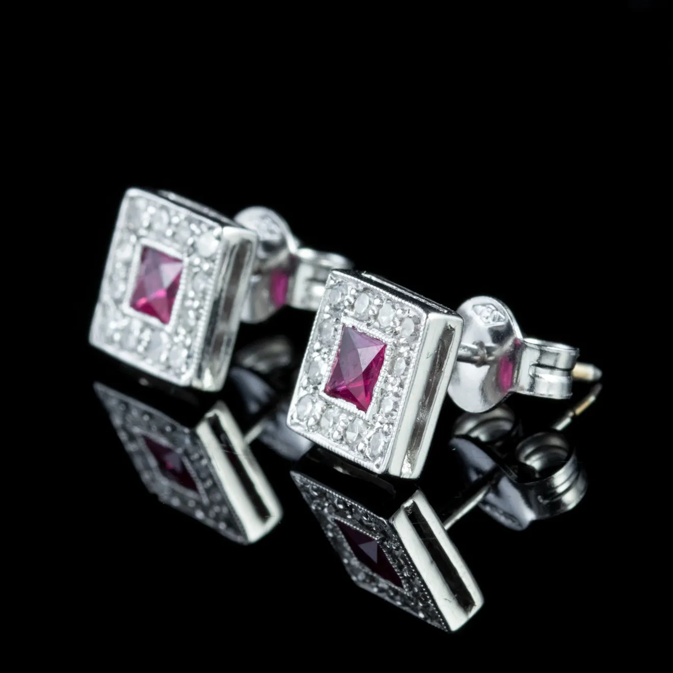 Ruby Diamond Square Stud Earrings 18Ct White Gold