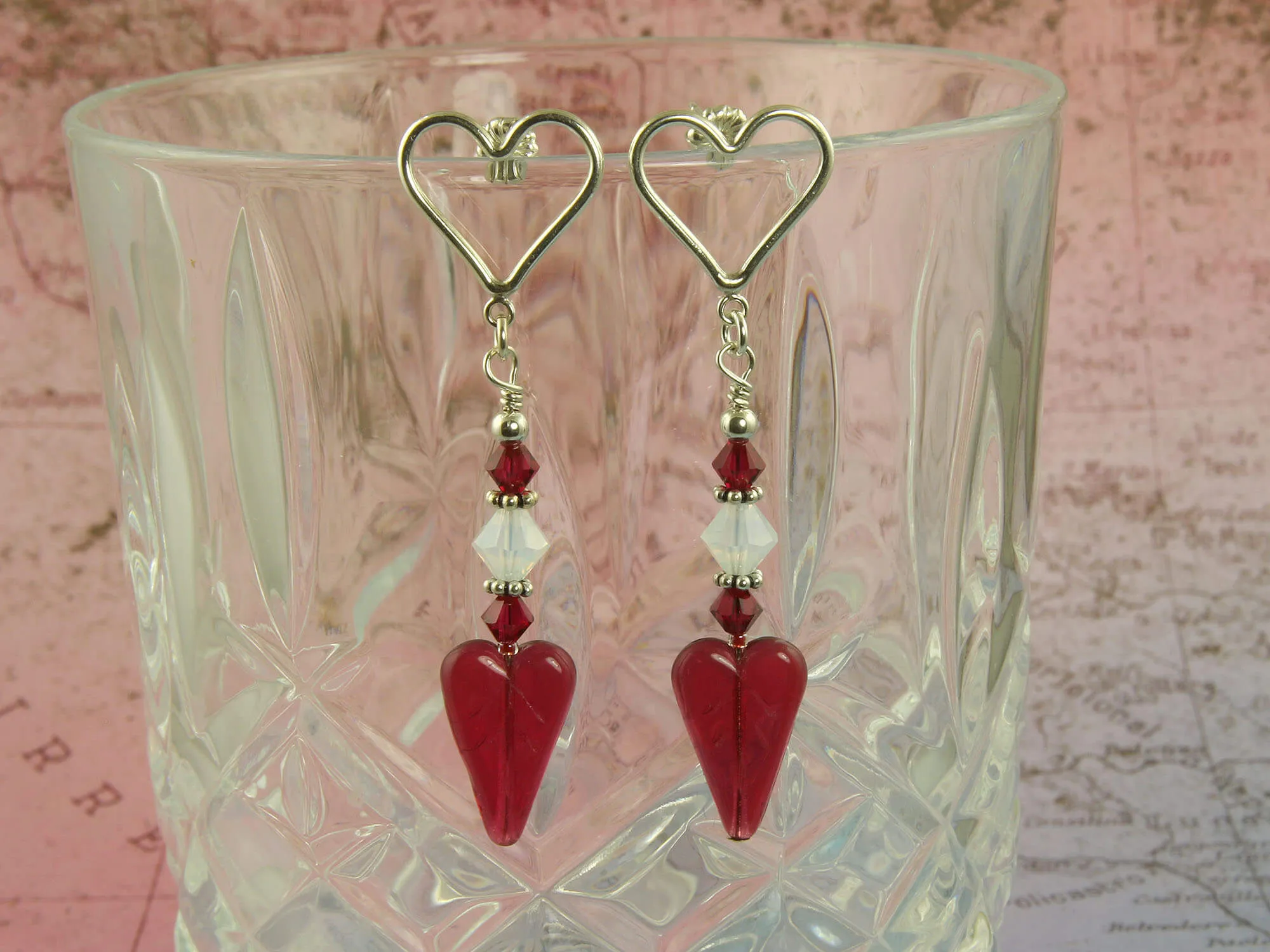 Ruby Heart Crystal Handmade Earrings