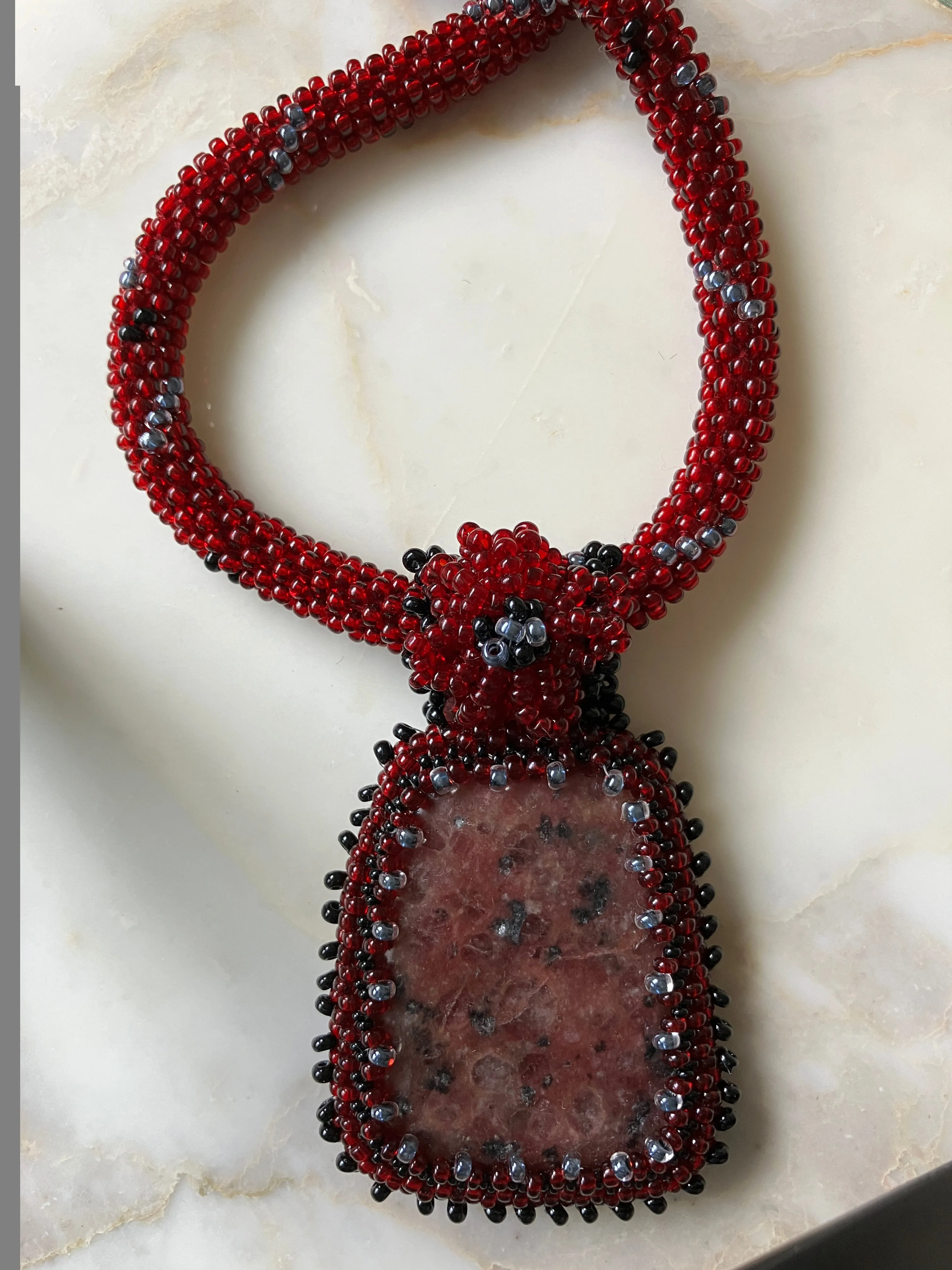 Ruby Kiwi Jasper Necklace with Crystals and Bead Crochet Necklace