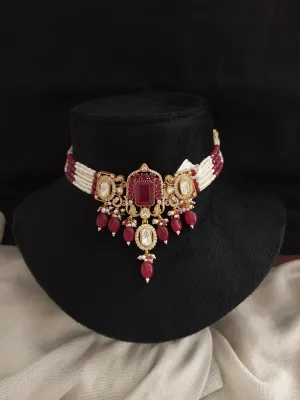 Ruby Kundan Pearl Choker Set