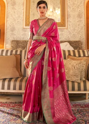 Ruby Pink Woven Banarasi Tussar Silk Saree : Top Pick