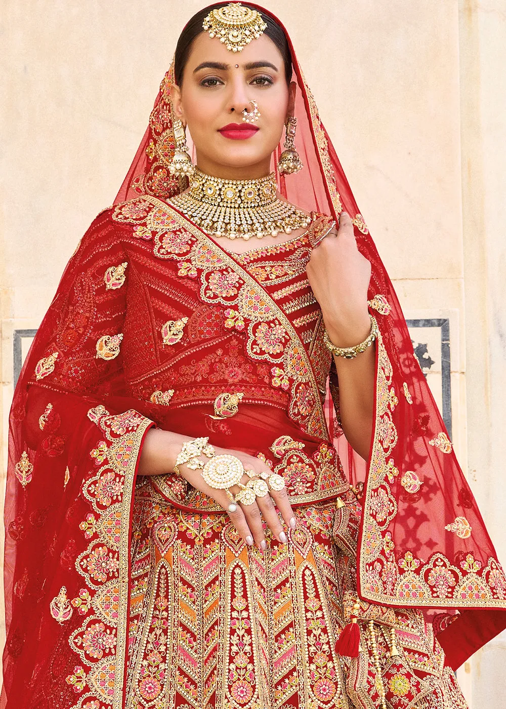 Ruby Red Velvet Lehenga Choli with Heavy Embroidery Work