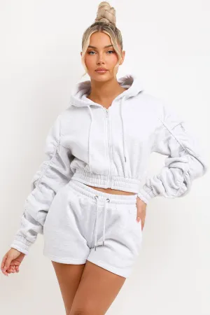 Ruched Sleeves Crop Zip Hoodie and Short Tracksuit Co-ord Set