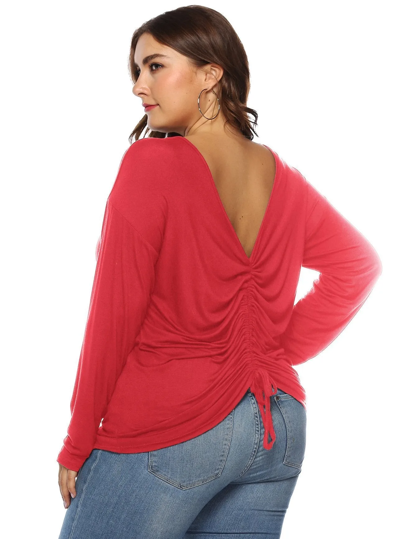 Ruched V-neck Solid T-shirts