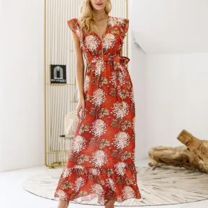 Ruffle Boho Summer Hollow Out Sash Tie Up Long Maxi Dress