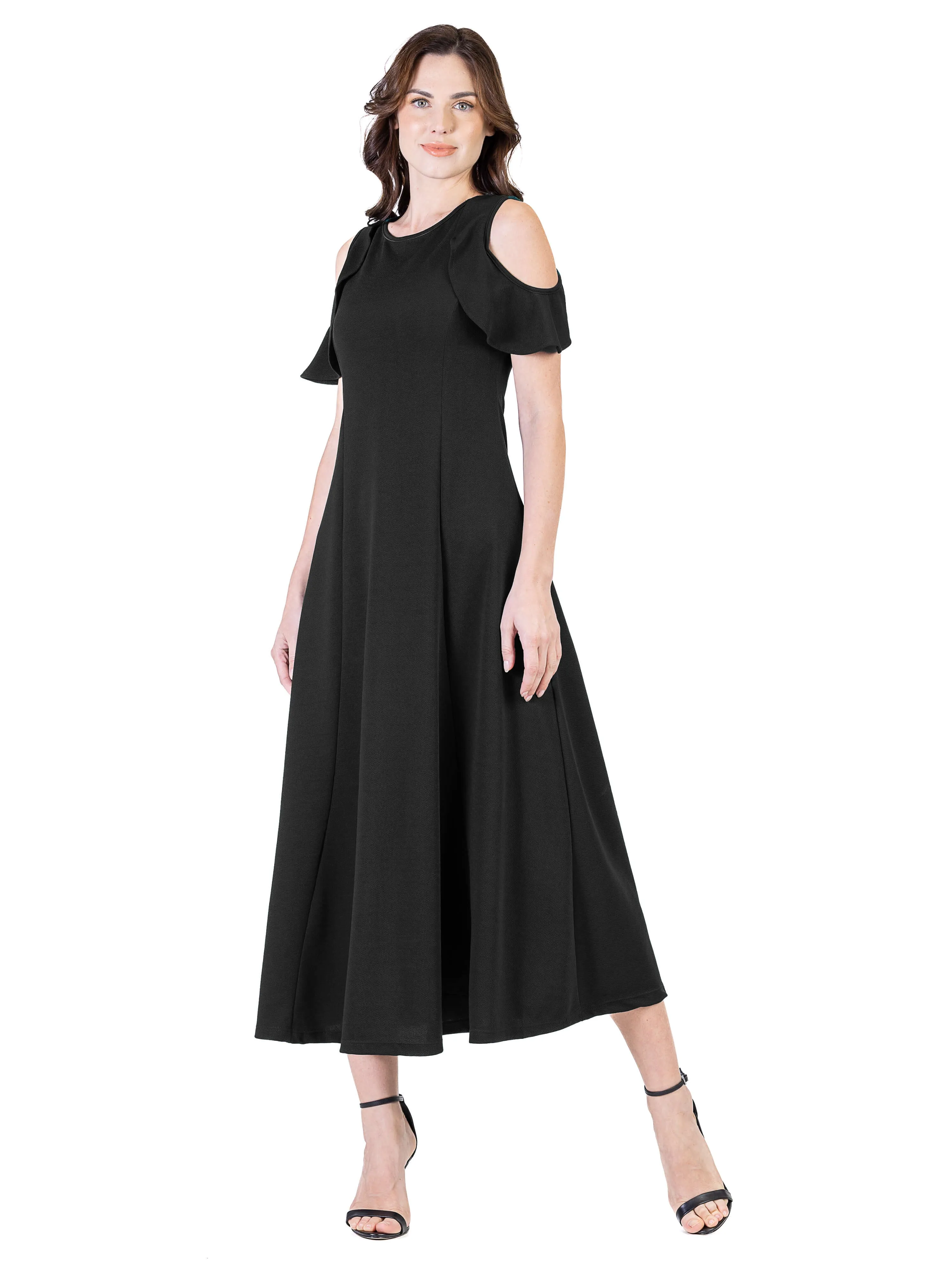 Ruffle Cold Shoulder A Line Maxi Dress