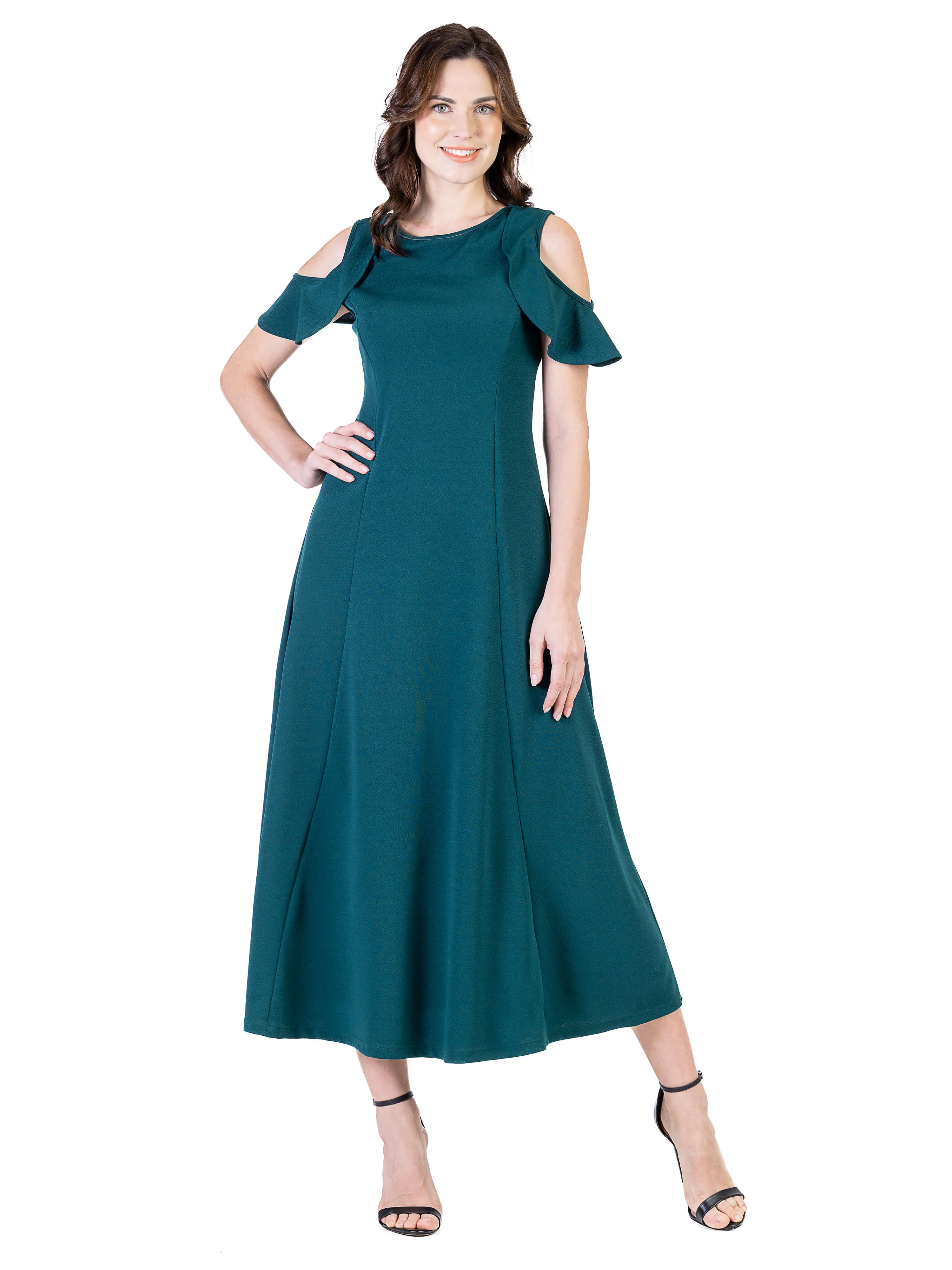 Ruffle Cold Shoulder A Line Maxi Dress