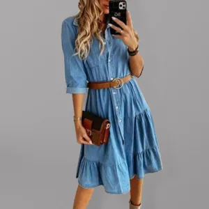 Ruffle Design Button-Up Collared Denim Dresses