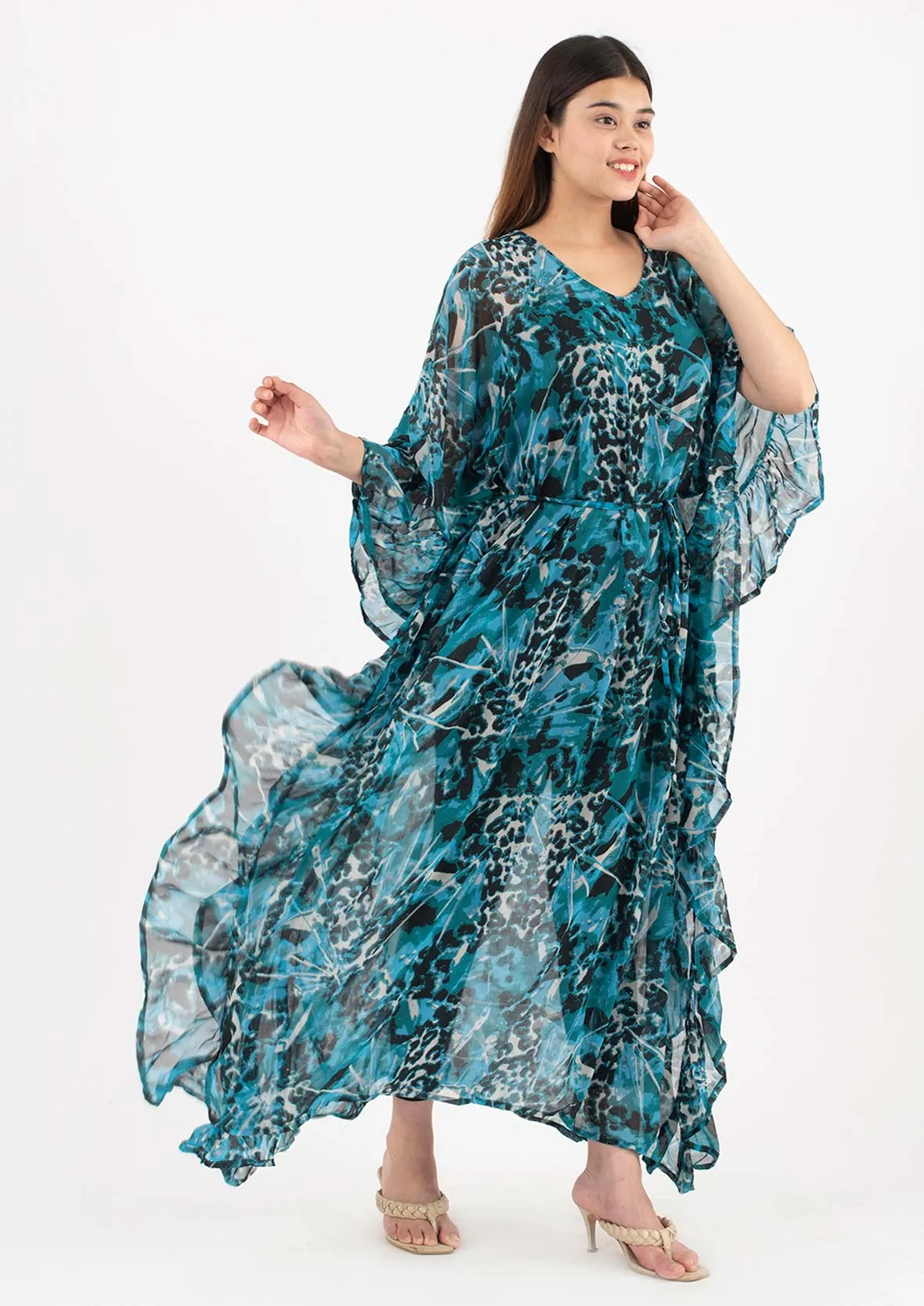 Ruffle Maxi Kaftan With Waist Tie