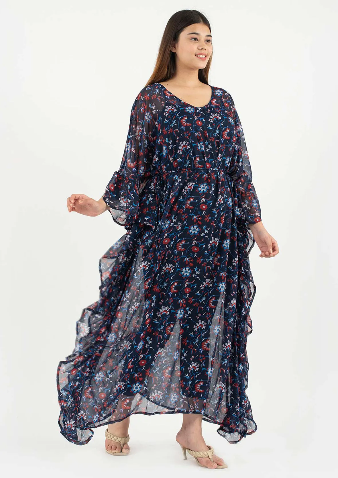 Ruffle Maxi Kaftan With Waist Tie