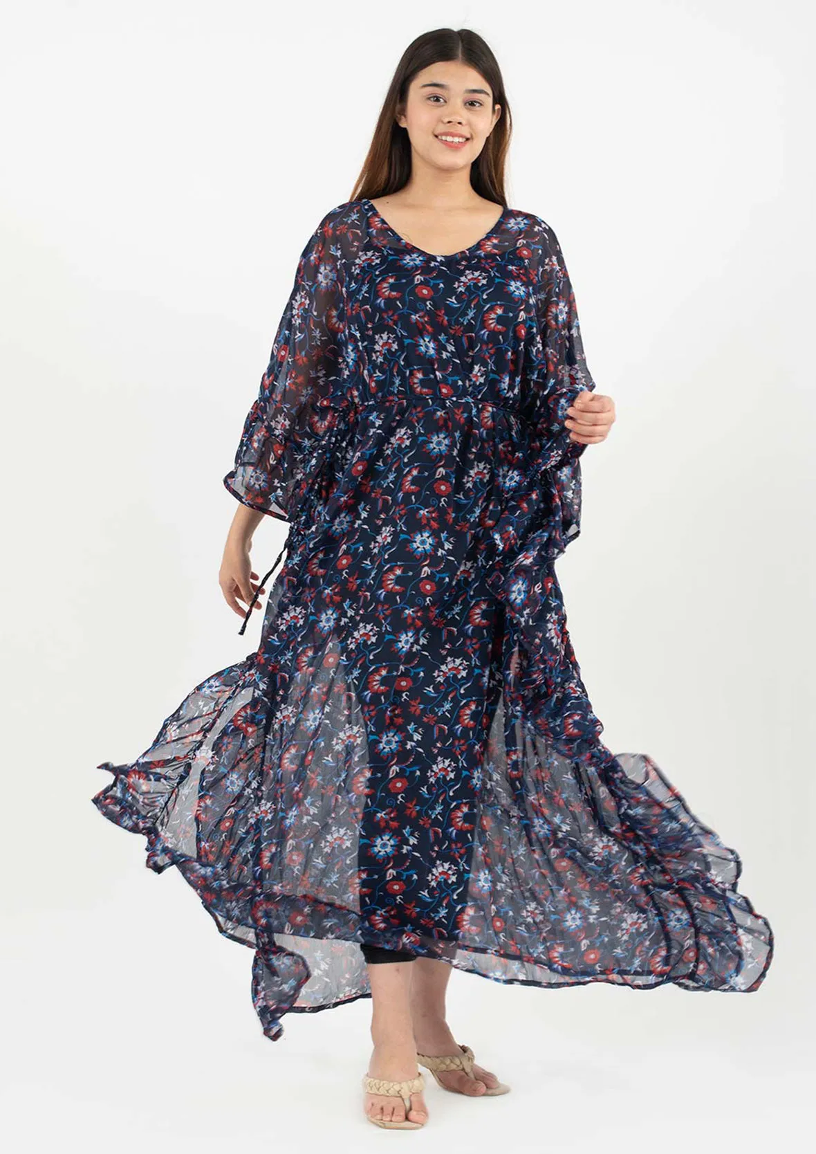 Ruffle Maxi Kaftan With Waist Tie