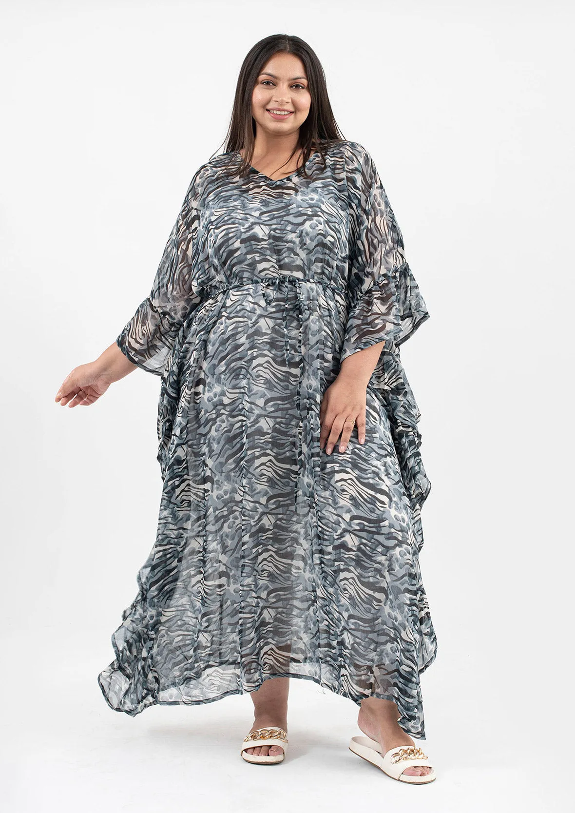 Ruffle Maxi Kaftan With Waist Tie