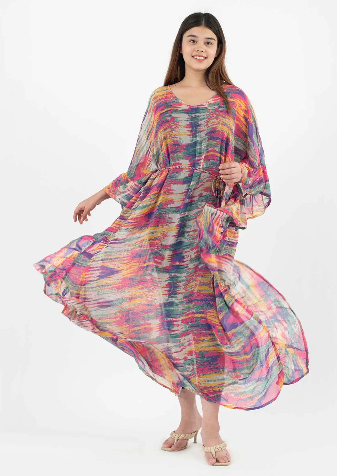 Ruffle Maxi Kaftan With Waist Tie