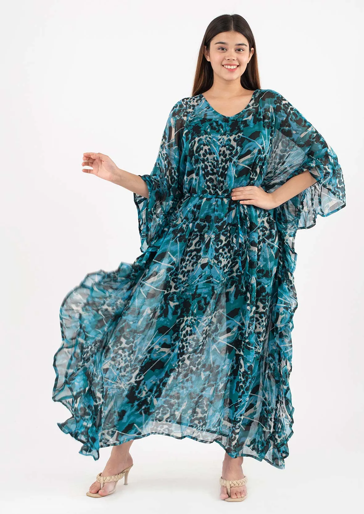 Ruffle Maxi Kaftan With Waist Tie