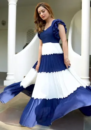 Ruffle Style Blue And White Color Stylish Gown