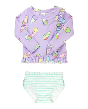 RuffleButts | Ruffled Long Sleeve Rash Guard 2-Piece ~ Snow Cones 2T