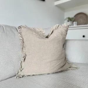 Ruffled Beige Linen Square Cushion 45×45cm