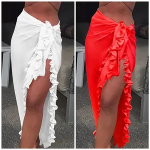 Ruffled Chiffon Bikini Wrap Sarong (Red Only)