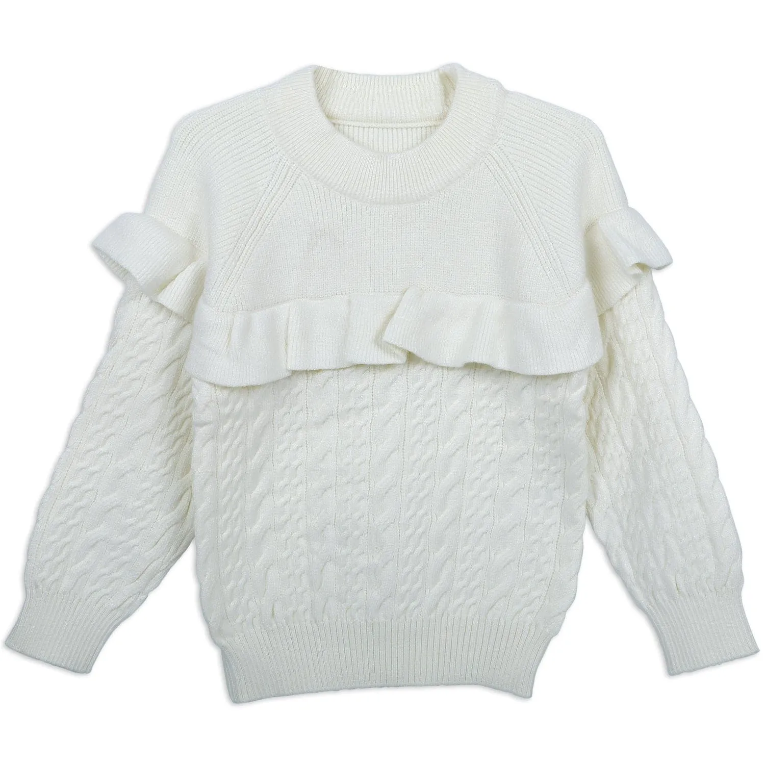 Ruffled Jumper Solid Premium Full Sleeves Braided Knit Sweater - White