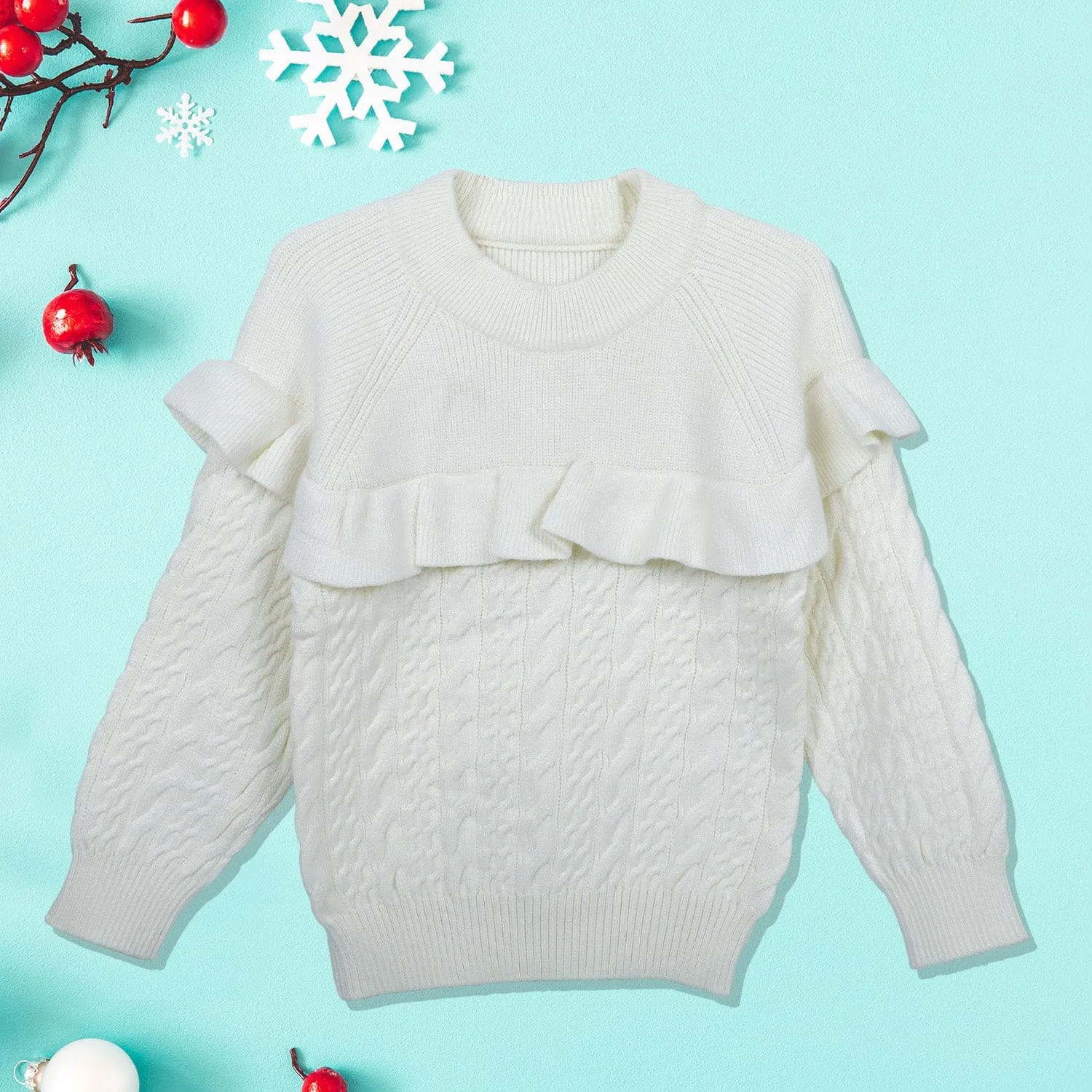 Ruffled Jumper Solid Premium Full Sleeves Braided Knit Sweater - White