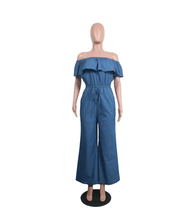 Ruffled Off Shoulder Flare Bottom Denim Jumpsuits