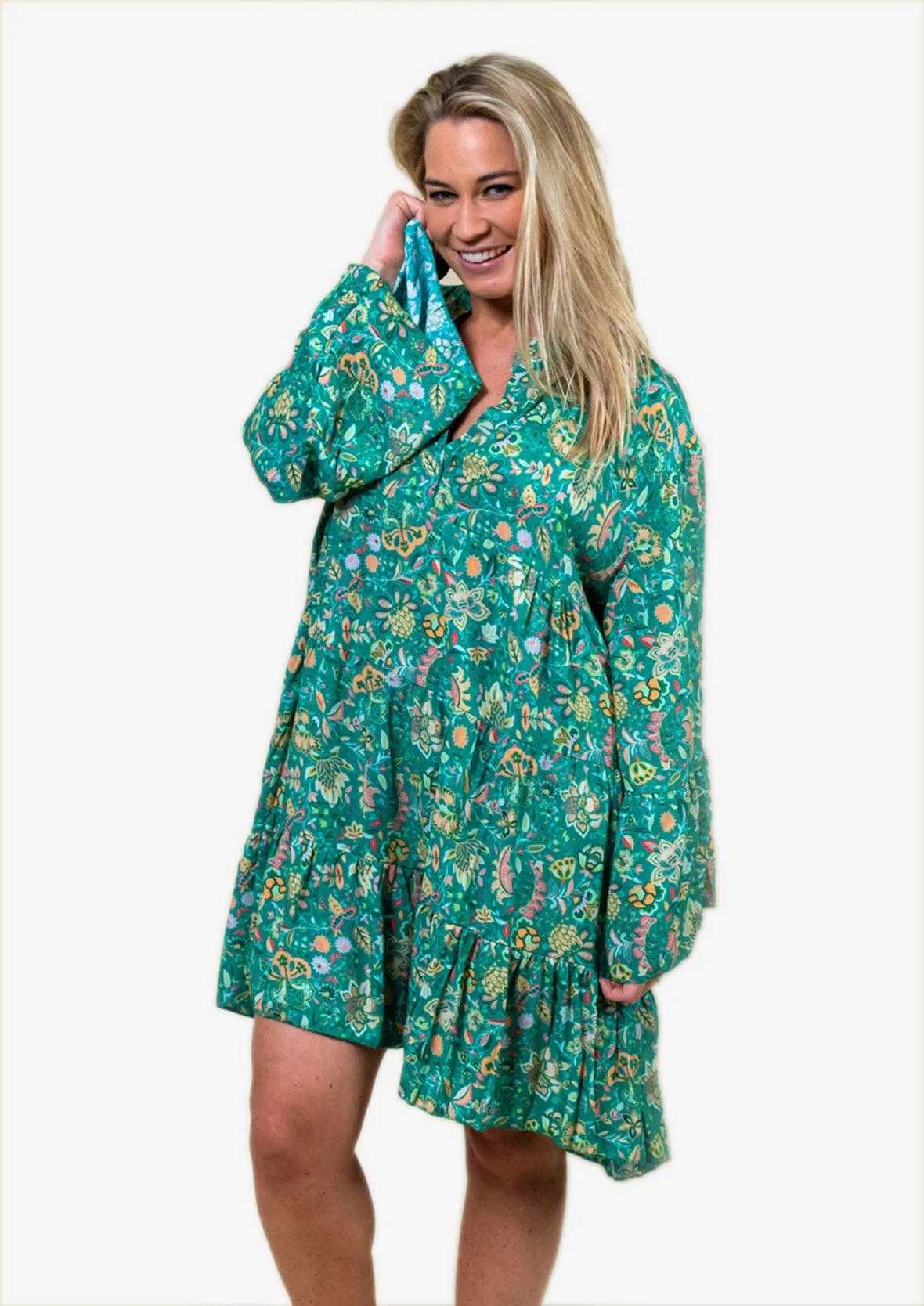 Ruffled Paisley Smock Dress