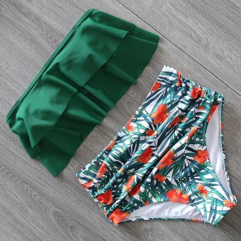 Ruffled Print High Rise Triangle Bikinis