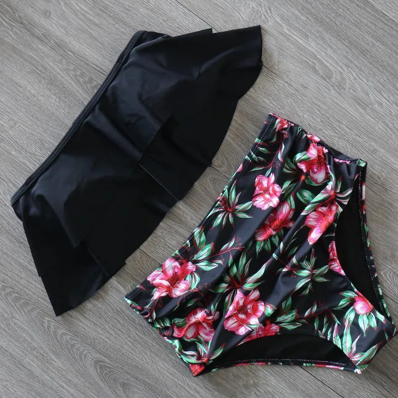 Ruffled Print High Rise Triangle Bikinis