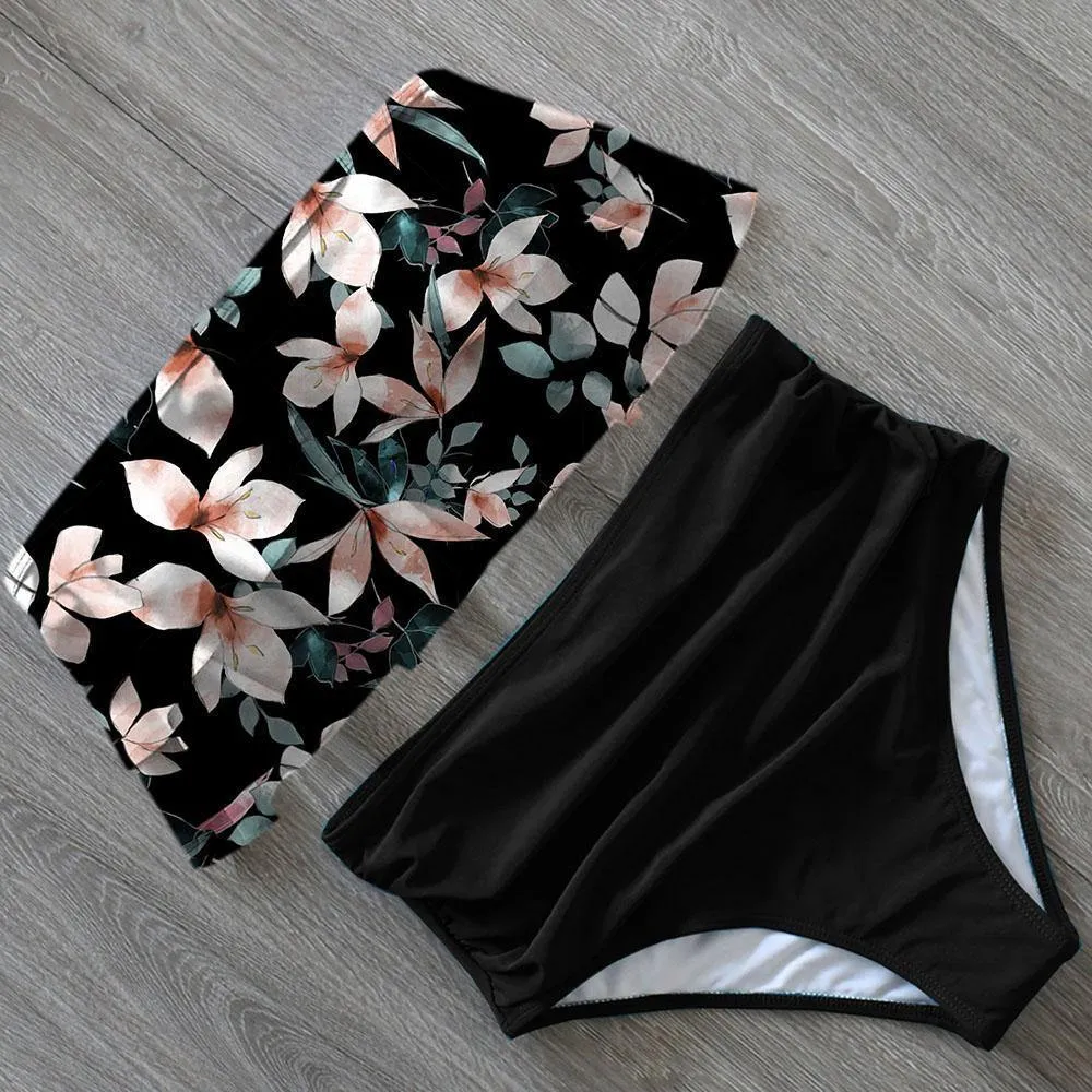 Ruffled Print High Rise Triangle Bikinis