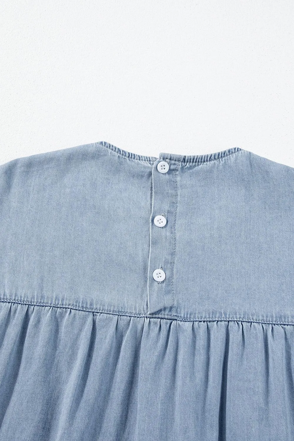 Ruffled Round Neck Cap Sleeve Denim Dress