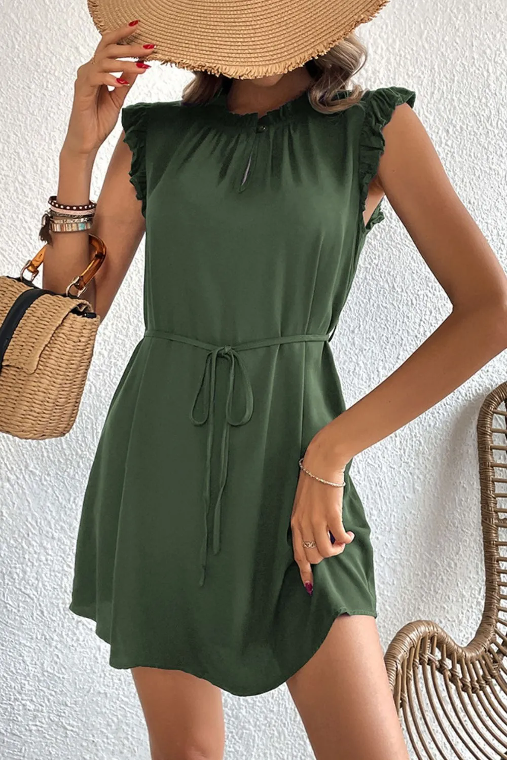 Ruffled Tie-Waist Keyhole Dress