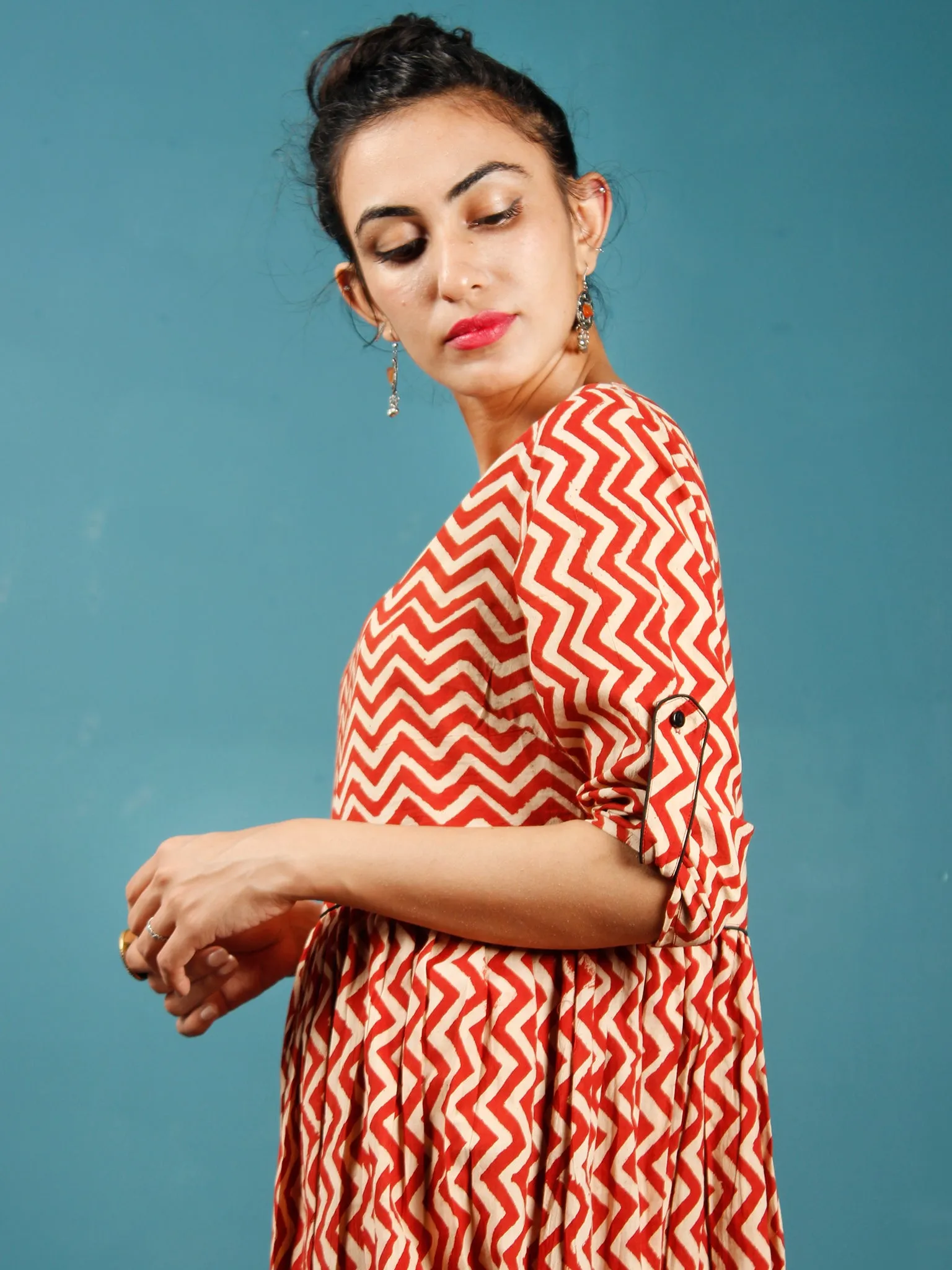 Rust Beige Hand Block Printed Cotton Tunic Dress  - D242F1359