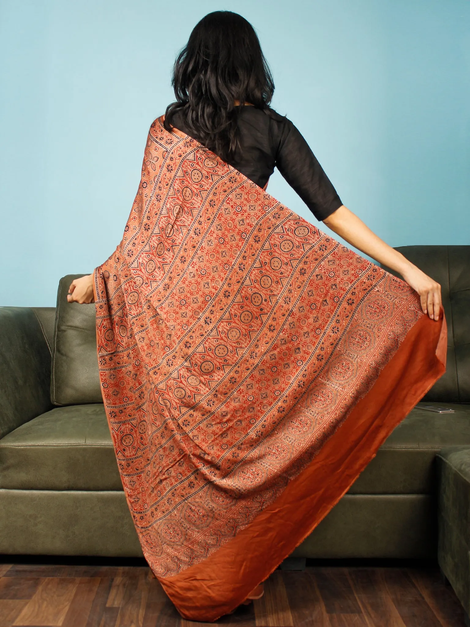 Rust Indigo Black Ajrakh Hand Block Printed Modal Silk Saree in Natural Colors - S031703368