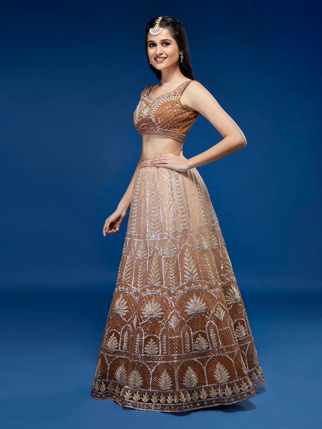 Rust Net Gotapatti Work Semi-Stitched Lehenga & Blouse with Dupatta