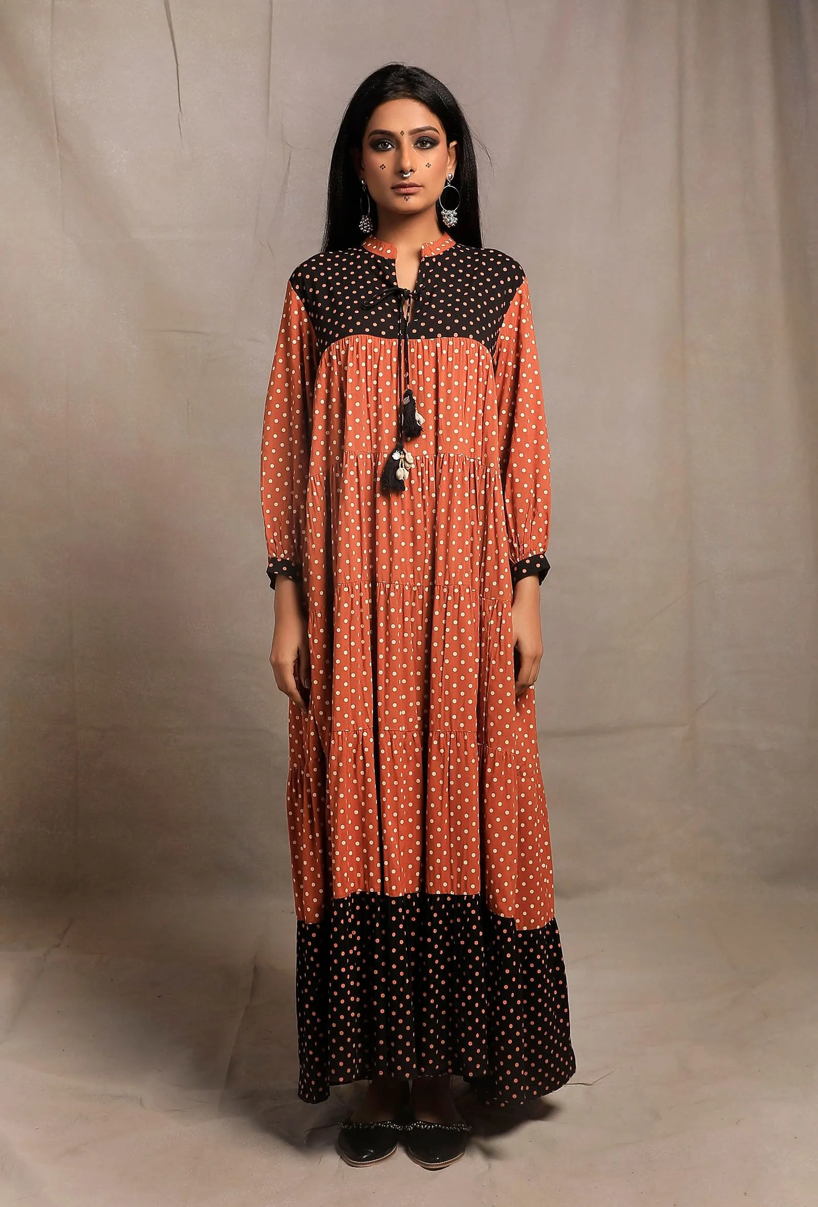 Rust Orange Contrast Printed Tier Long Dress