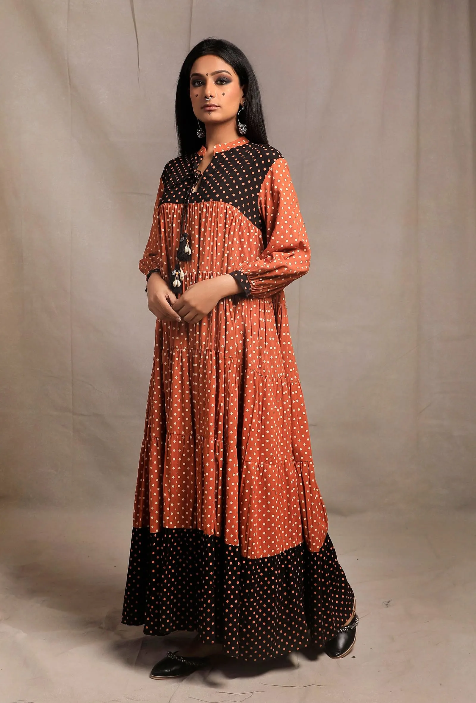 Rust Orange Contrast Printed Tier Long Dress