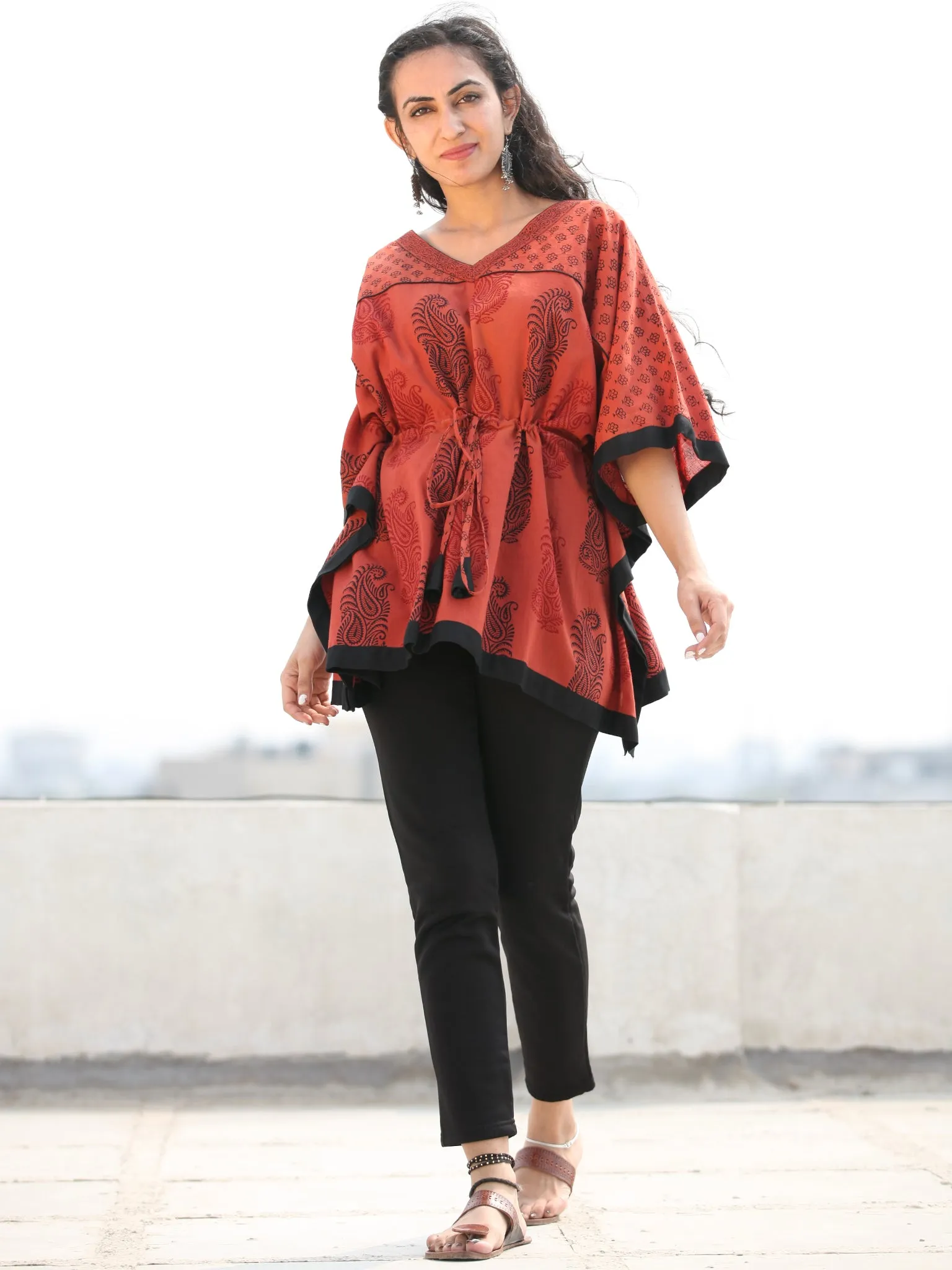 Rust Red Black Bagh Hand Block Printed Short Kaftan - K138F2086