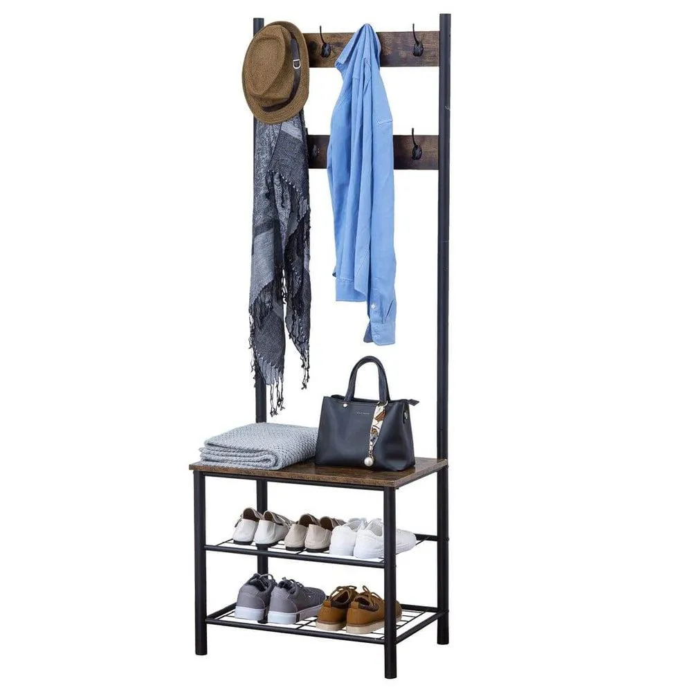 Rustic 3 Tier Hall Tree with 8 Hooks Dark Wood & Matte Black